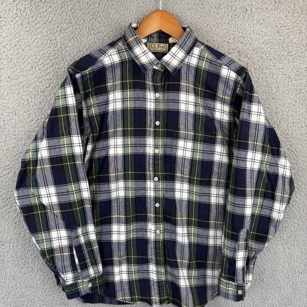Vintage LL Bean Flannel Shirt Womens 16 Green Plaid Cotton Outdoor Made USA 90s